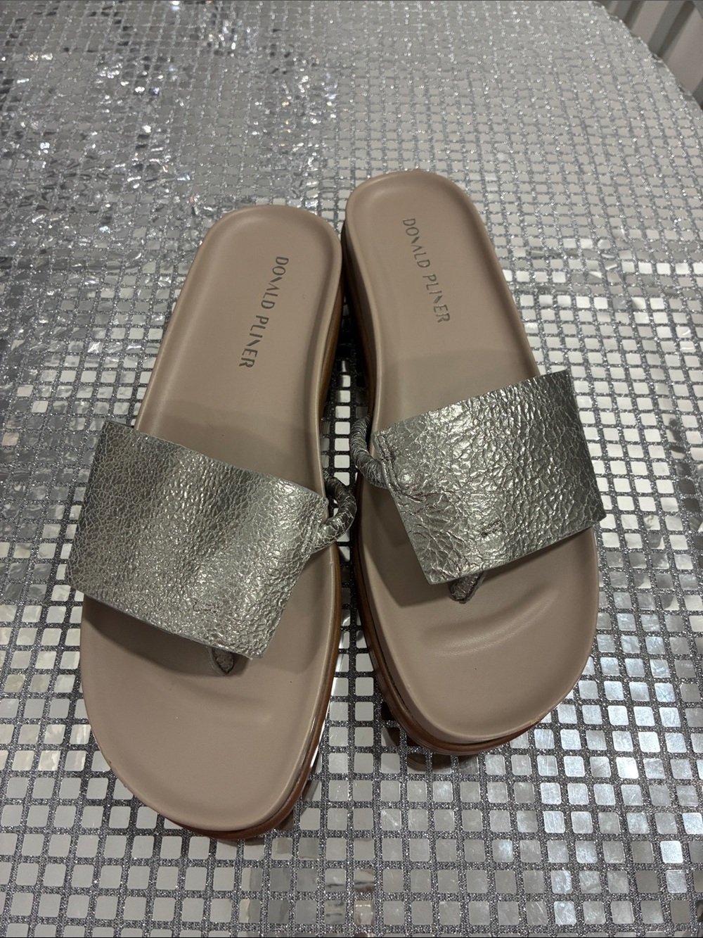 Donald J. Pliner Silver Metallic Slide Sandals with Taupe Footbed